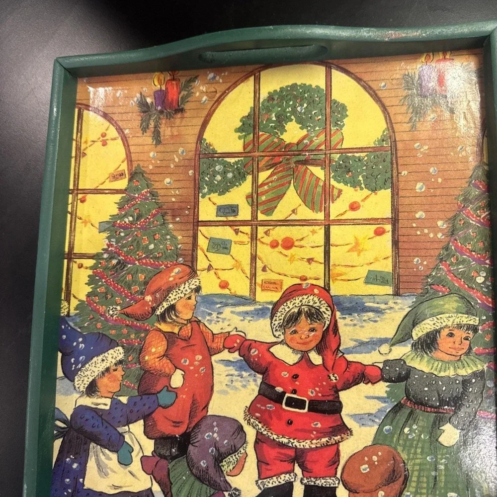 Vintage Christmas Serving Tray Decor Green Wood Children Dancing‎ Illustration